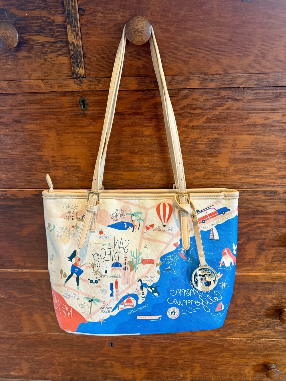 Spartina 449 Southern California Beige, Blue & Coral Illustrated Shoulder Tote